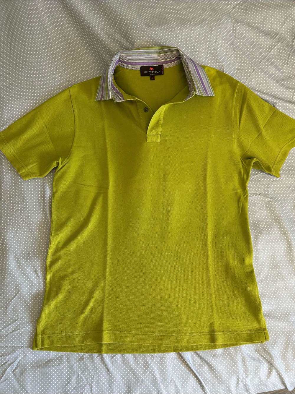 Vintage Rare Etro Lime Green Polo with Striped Contrast Collar